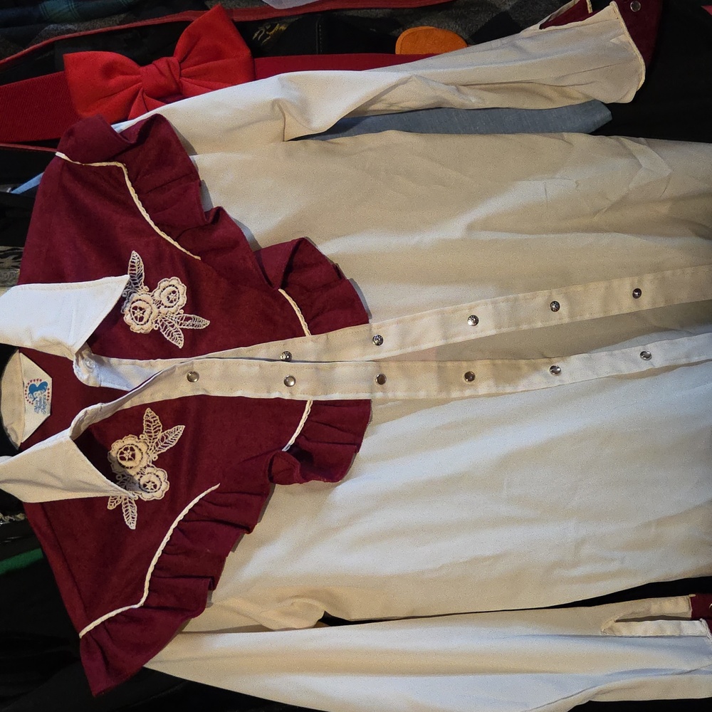 Vintage Miss Rodeo America Western Style White and Burgundy Shirt w/ Embroidery